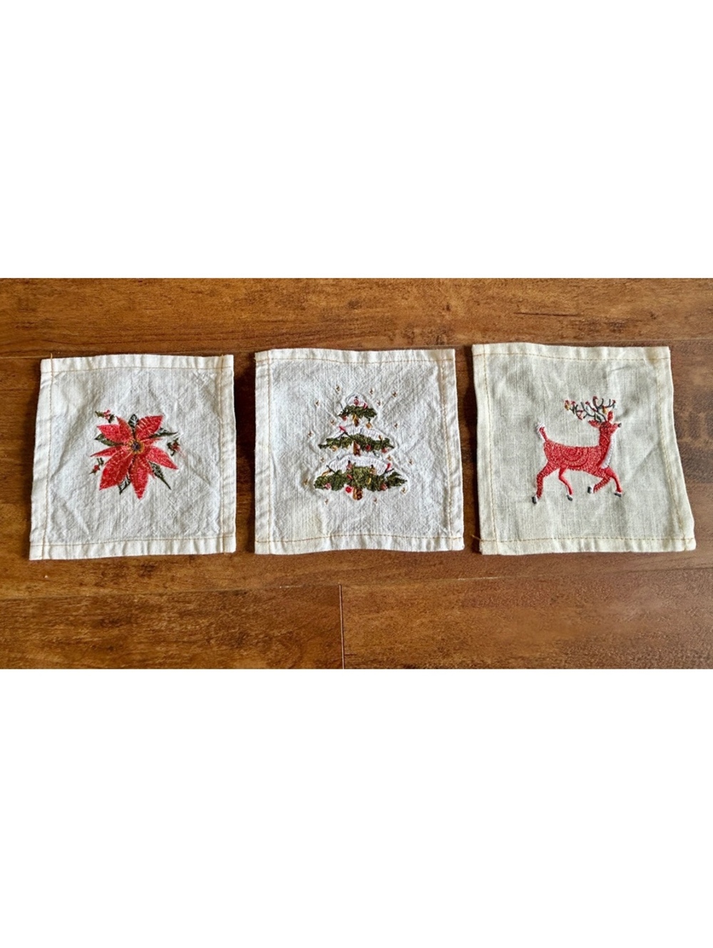 Set of 3 Embroidered Christmas Holiday Linen Napkins